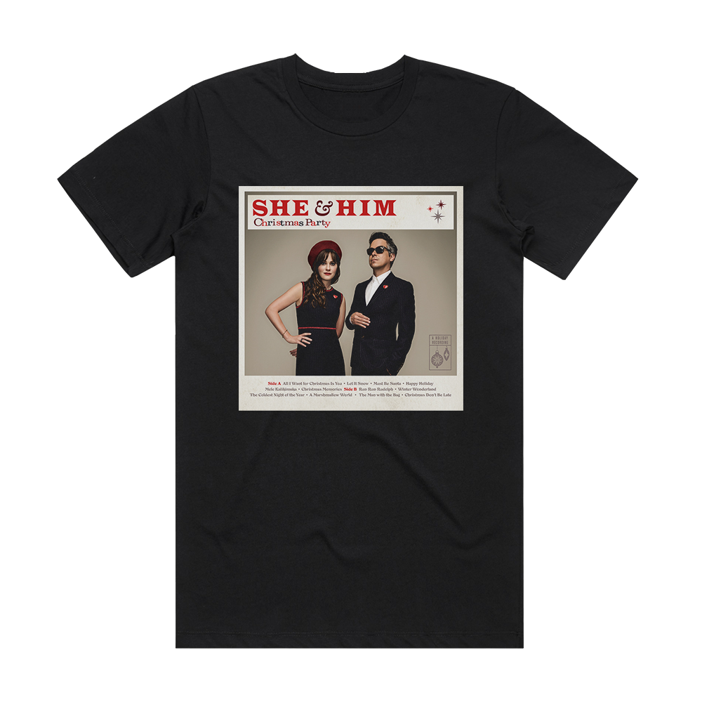 She and Him Christmas Party Album Cover T-Shirt Black