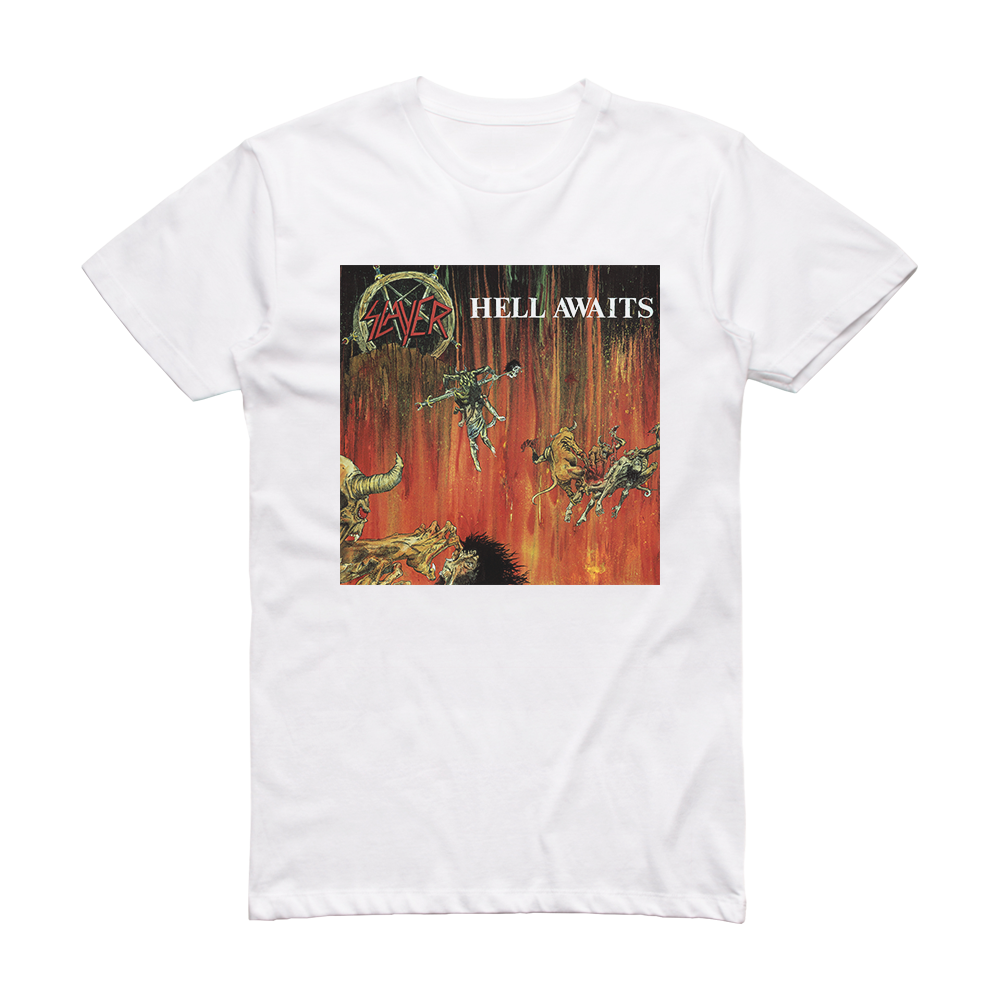 Slayer Hell Awaits 3 Album Cover T-Shirt White – ALBUM COVER T-SHIRTS